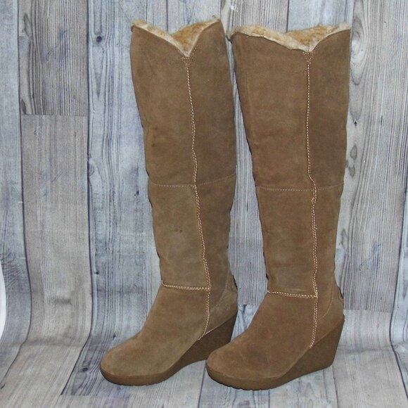 BEARPAW Highland Knee High Chestnut Suede/Sheepskin Wedge Boots Womens Size 8 - Picture 3 of 9